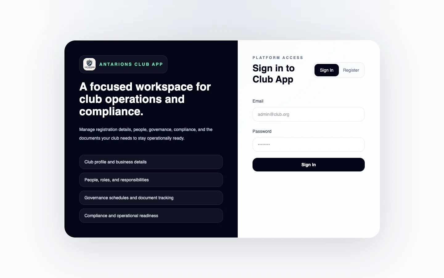 Antarions Club App sign-in screen